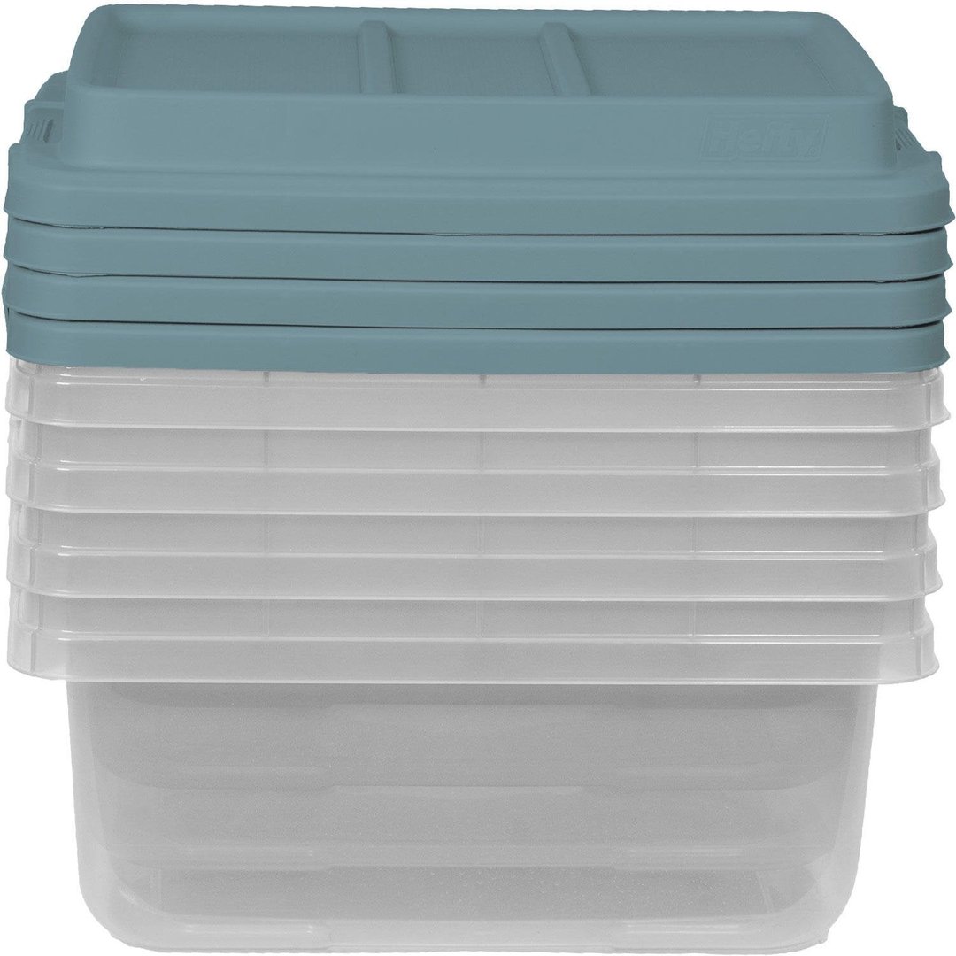 Hefty 18 Quart Hi-Rise Storage Bin 4 Pack, Smoke Blue Lid, Secure Stackable Organizer