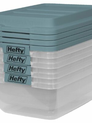 Hefty 18 Quart Hi-Rise Storage Bin 4 Pack, Smoke Blue Lid, Secure Stackable Organizer