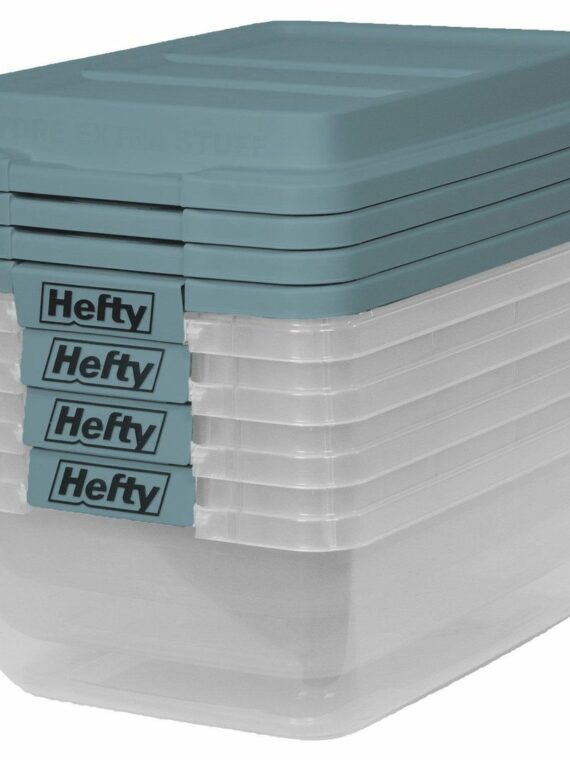 Hefty 18 Quart Hi-Rise Storage Bin 4 Pack, Smoke Blue Lid, Secure Stackable Organizer