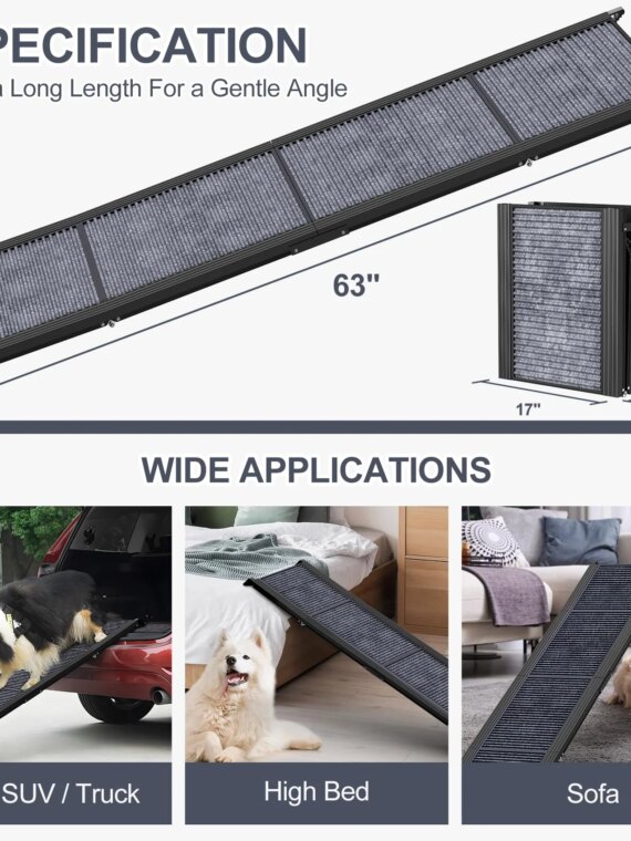 HerCcreta Folding Dog Ramp for Cars, 63" Long, 17" Wide, Anti-Slip, Lightweight Aluminum, Supports 250 lbs