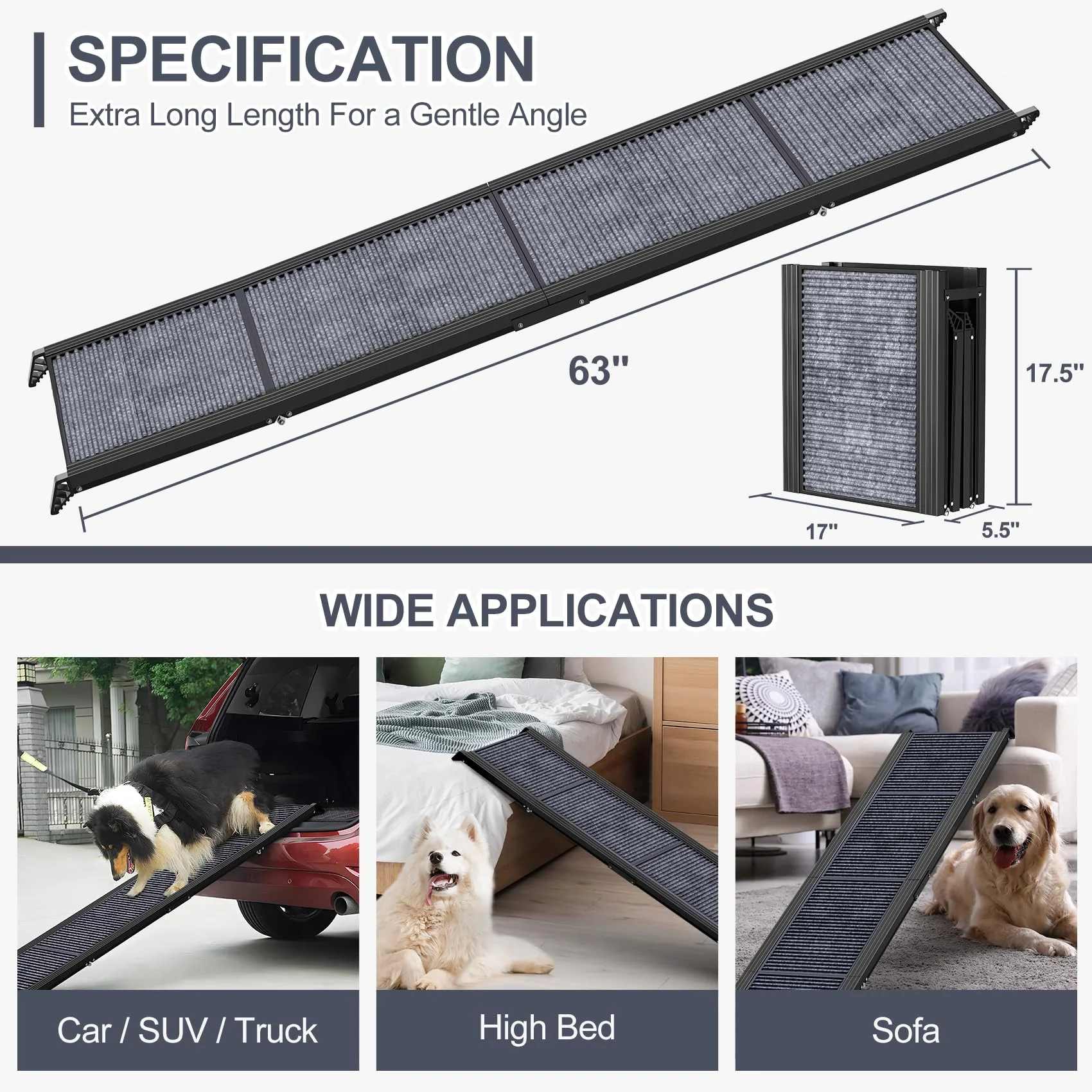 HerCcreta Folding Dog Ramp for Cars, 63" Long, 17" Wide, Anti-Slip, Lightweight Aluminum, Supports 250 lbs