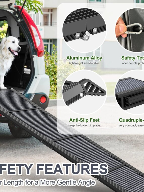 HerCcreta Folding Dog Ramp for Cars, 63" Long, 17" Wide, Anti-Slip, Lightweight Aluminum, Supports 250 lbs