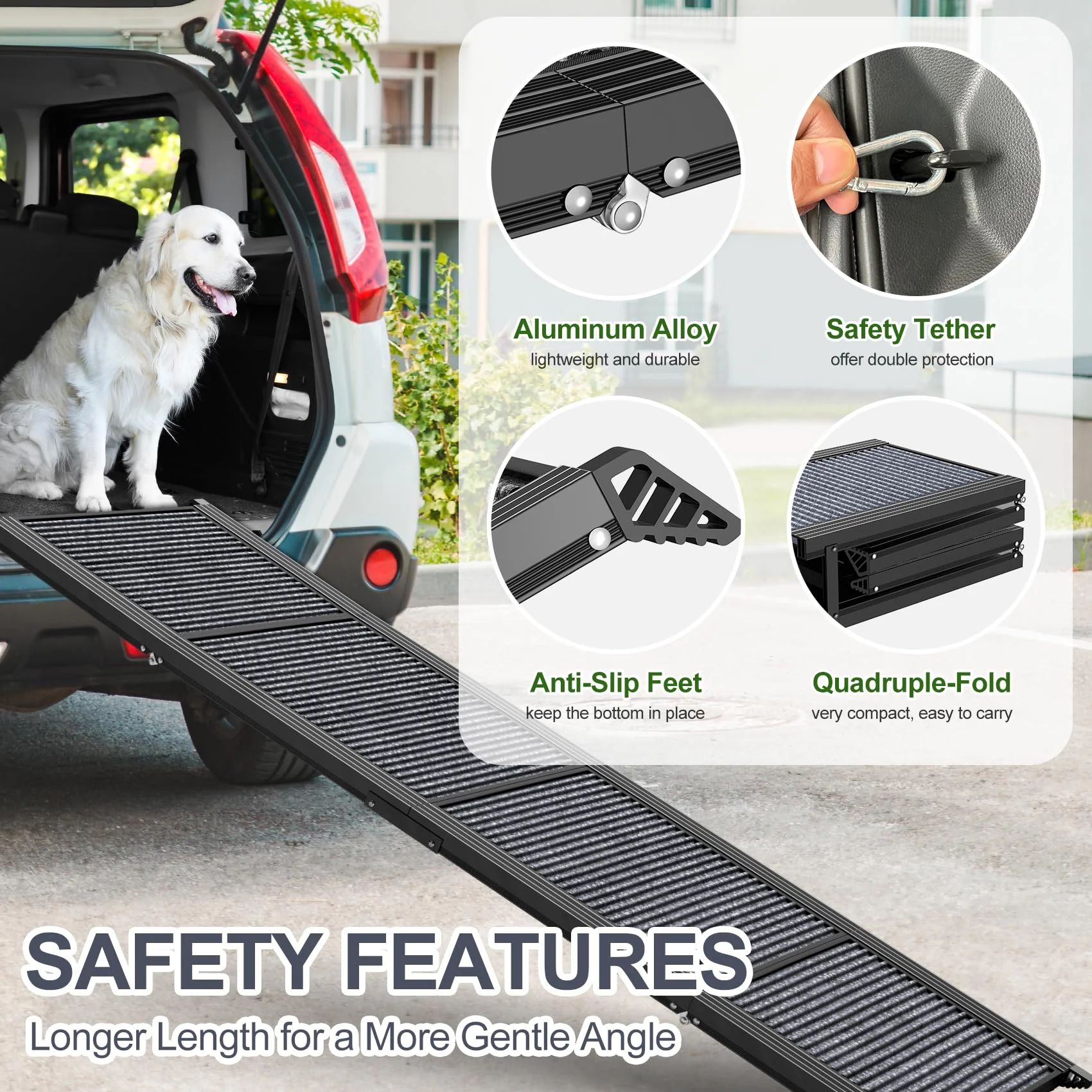 HerCcreta Folding Dog Ramp for Cars, 63" Long, 17" Wide, Anti-Slip, Lightweight Aluminum, Supports 250 lbs