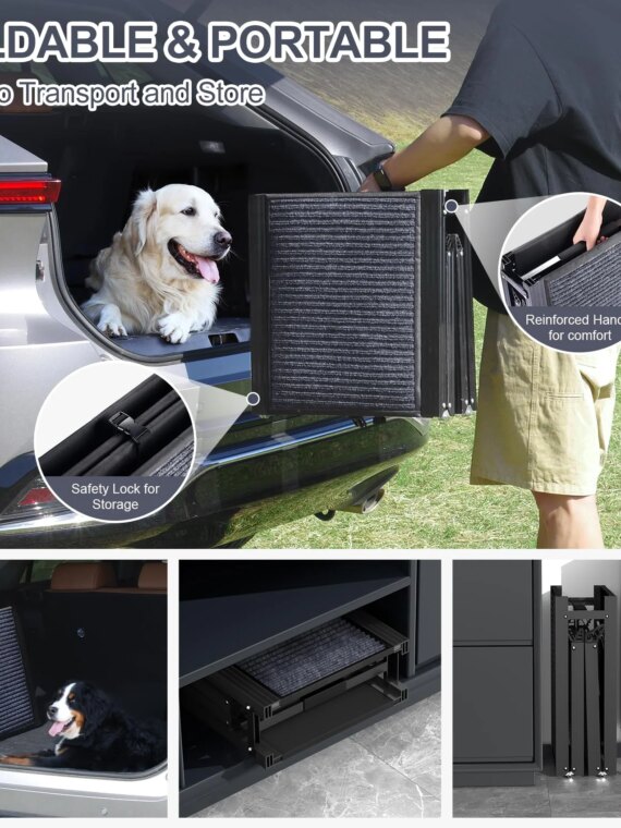 HerCcreta Folding Dog Ramp for Cars, 63" Long, 17" Wide, Anti-Slip, Lightweight Aluminum, Supports 250 lbs