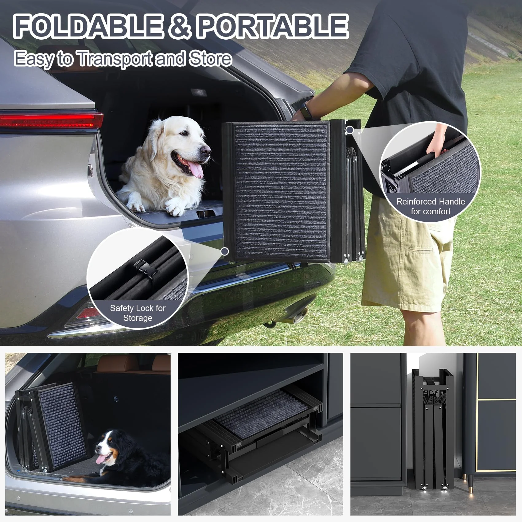 HerCcreta Folding Dog Ramp for Cars, 63" Long, 17" Wide, Anti-Slip, Lightweight Aluminum, Supports 250 lbs