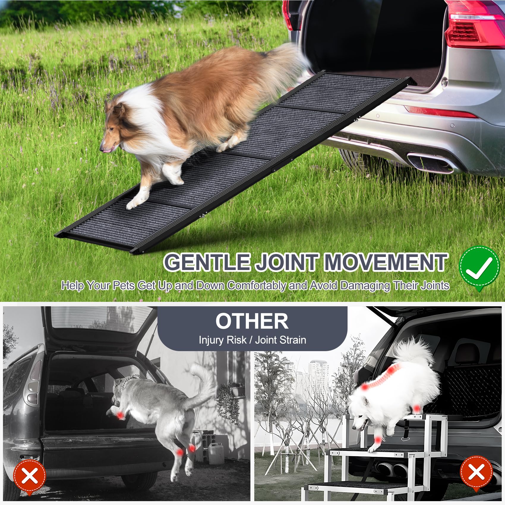 HerCcreta Folding Dog Ramp for Cars, 63" Long, 17" Wide, Anti-Slip, Lightweight Aluminum, Supports 250 lbs