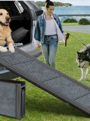 HerCcreta Folding Dog Ramp for Cars, 63" Long, 17" Wide, Anti-Slip, Lightweight Aluminum, Supports 250 lbs