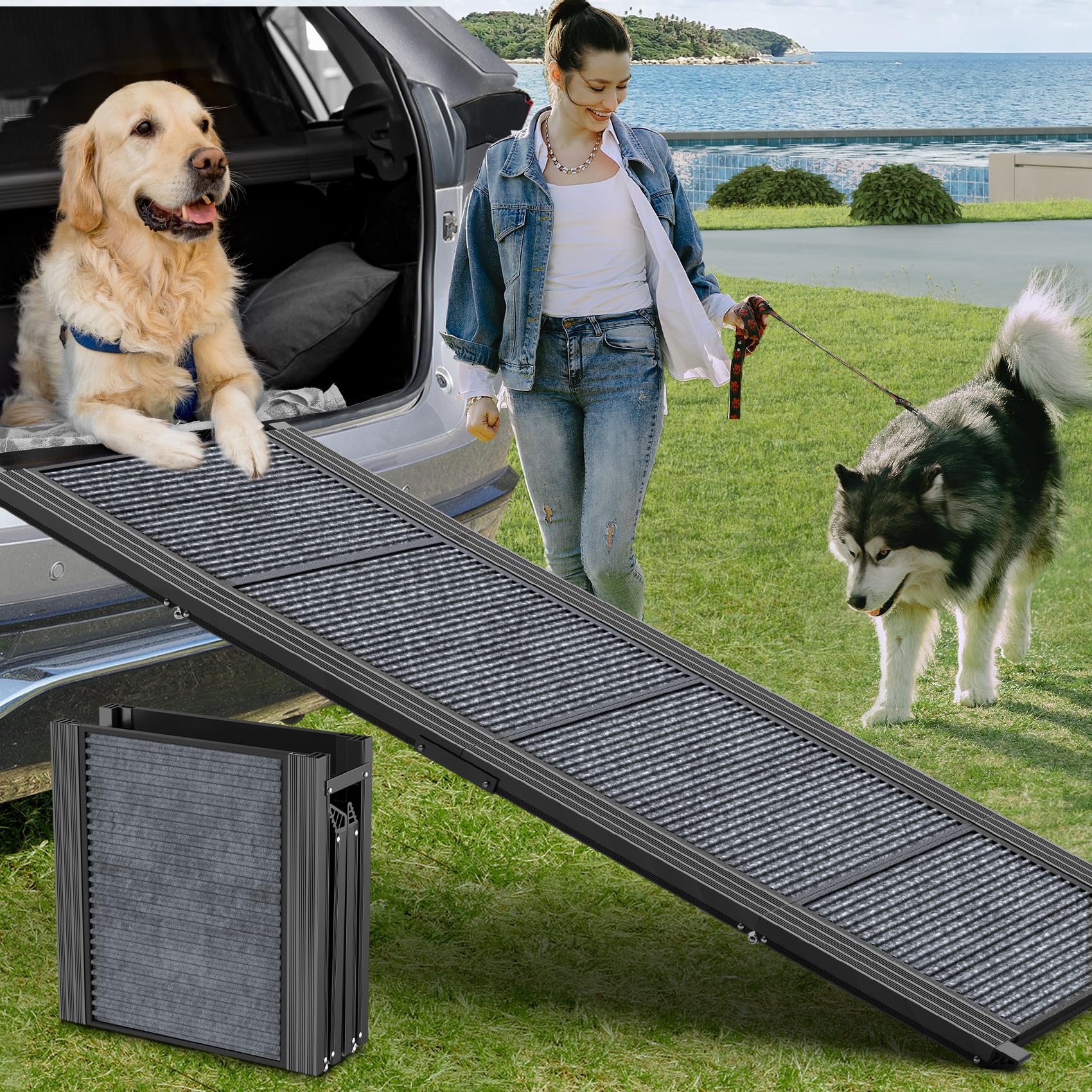 HerCcreta Folding Dog Ramp for Cars, 63" Long, 17" Wide, Anti-Slip, Lightweight Aluminum, Supports 250 lbs