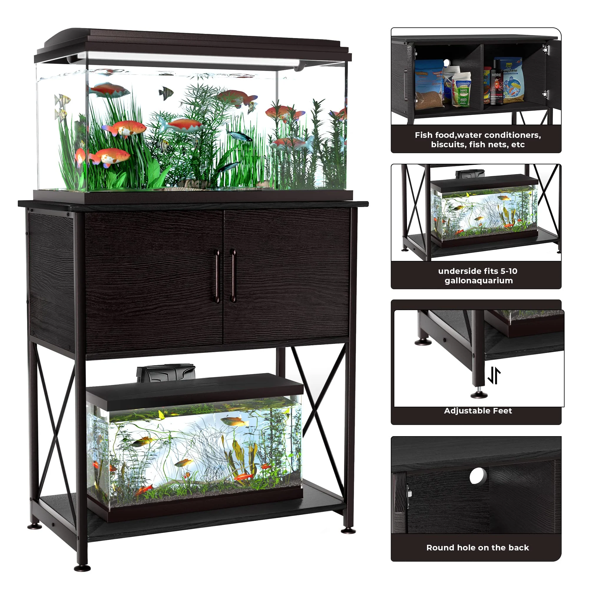 Herture Aquarium Stand for 20-29 Gallon Tanks, 2-in-1 Design, Sturdy Steel & MDF, Black, 30.7"x16.5"