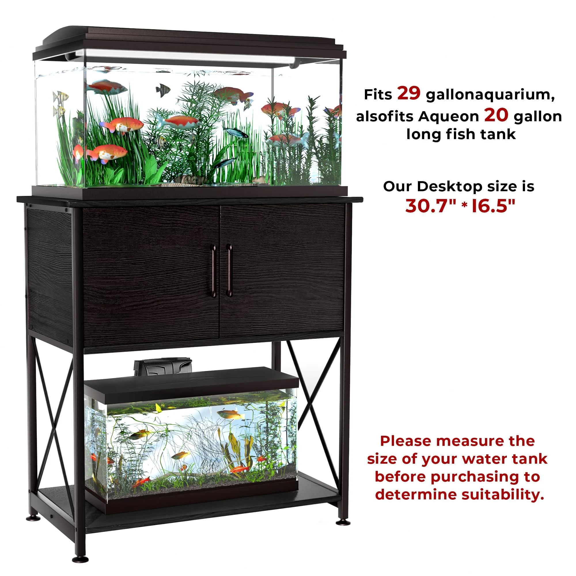 Herture Aquarium Stand for 20-29 Gallon Tanks, 2-in-1 Design, Sturdy Steel & MDF, Black, 30.7"x16.5"