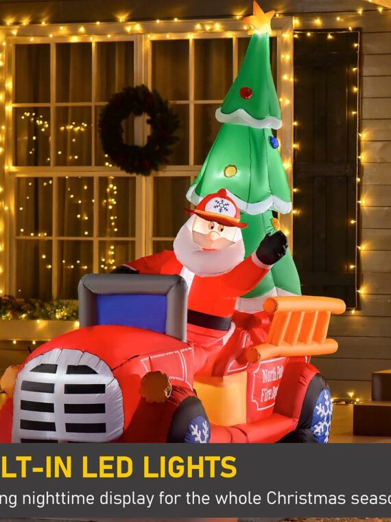 HOMCOM 7.5ft Christmas Inflatable Santa Claus on Fire Truck with LED Lights for Outdoor Yard Decor