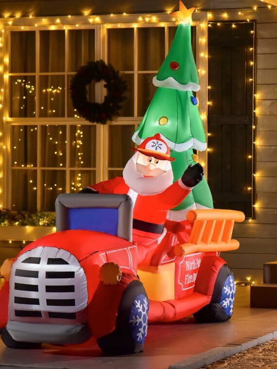 HOMCOM 7.5ft Christmas Inflatable Santa Claus on Fire Truck with LED Lights for Outdoor Yard Decor