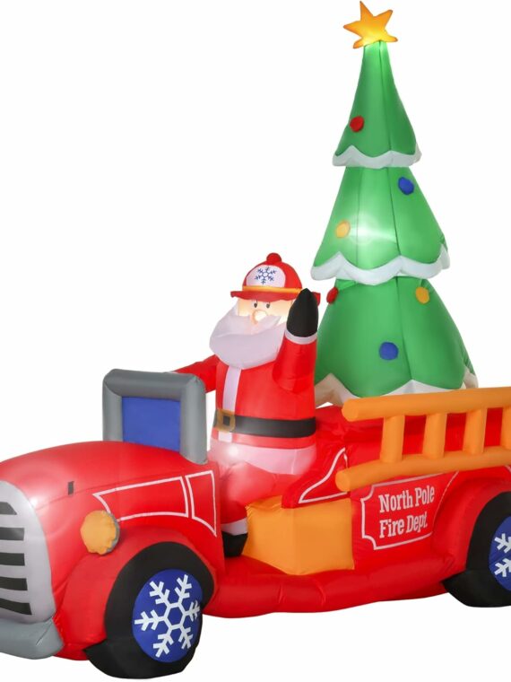 HOMCOM 7.5ft Christmas Inflatable Santa Fire Truck with LED Lights, Outdoor Yard Decoration