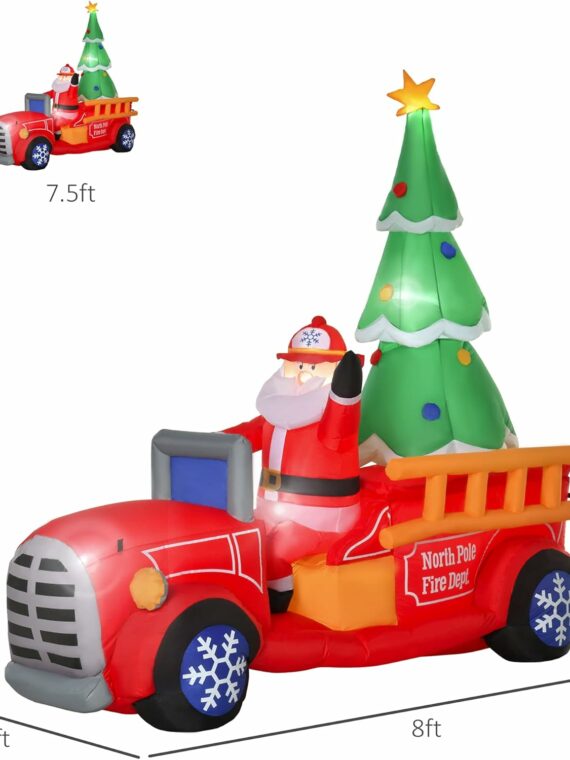 HOMCOM 7.5ft Christmas Inflatable Santa Fire Truck with LED Lights, Outdoor Yard Decoration