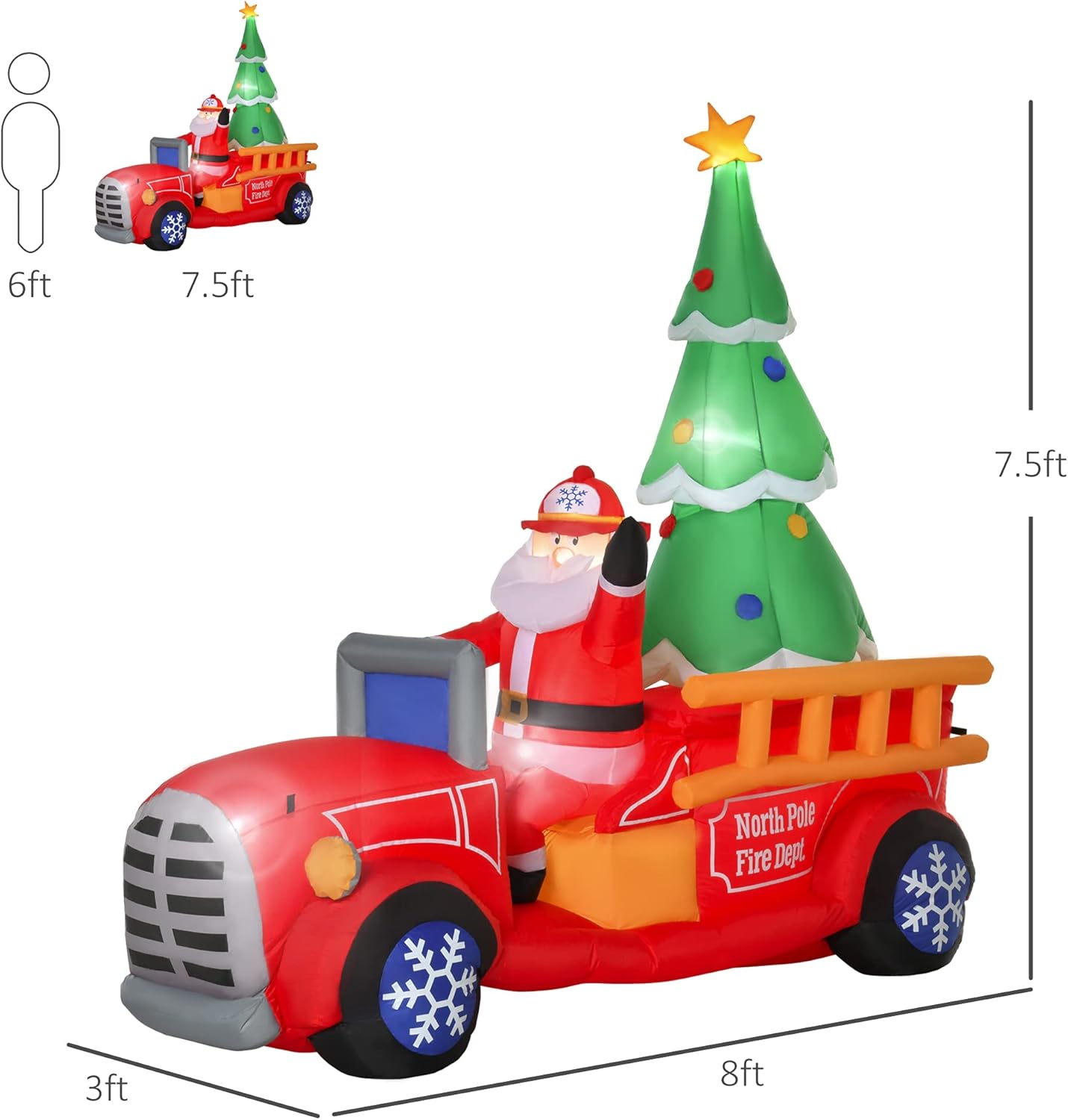 HOMCOM 7.5ft Christmas Inflatable Santa Fire Truck with LED Lights, Outdoor Yard Decoration