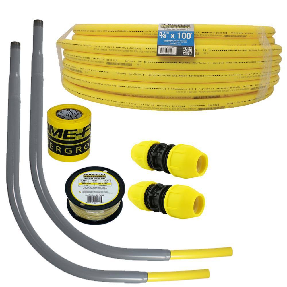 Home-Flex Underground Gas Line Install Kit, 3/4in IPS, 100ft Pipe, Couplers & Meter Risers, Yellow