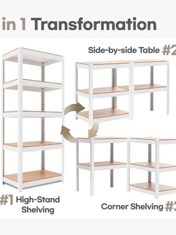 HOMEDANT 5-Tier Laminated Metal Shelving Unit, 24.1" W, Adjustable & Durable, White Matte Finish, Versatile Storage for Home Use