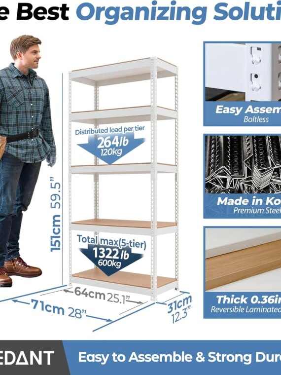 HOMEDANT Adjustable 5-Tier White Metal Shelving Unit, Heavy Duty, Customizable Height, Easy Assembly