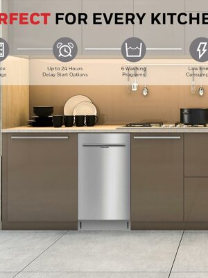 Honeywell 18″ Dishwasher, 8 Place Settings, 6 Wash Programs, Stainless Steel Tub, Energy Star Certified