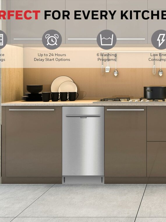 Honeywell 18" Dishwasher, 8 Place Settings, 6 Wash Programs, Stainless Steel Tub, Energy Star Certified