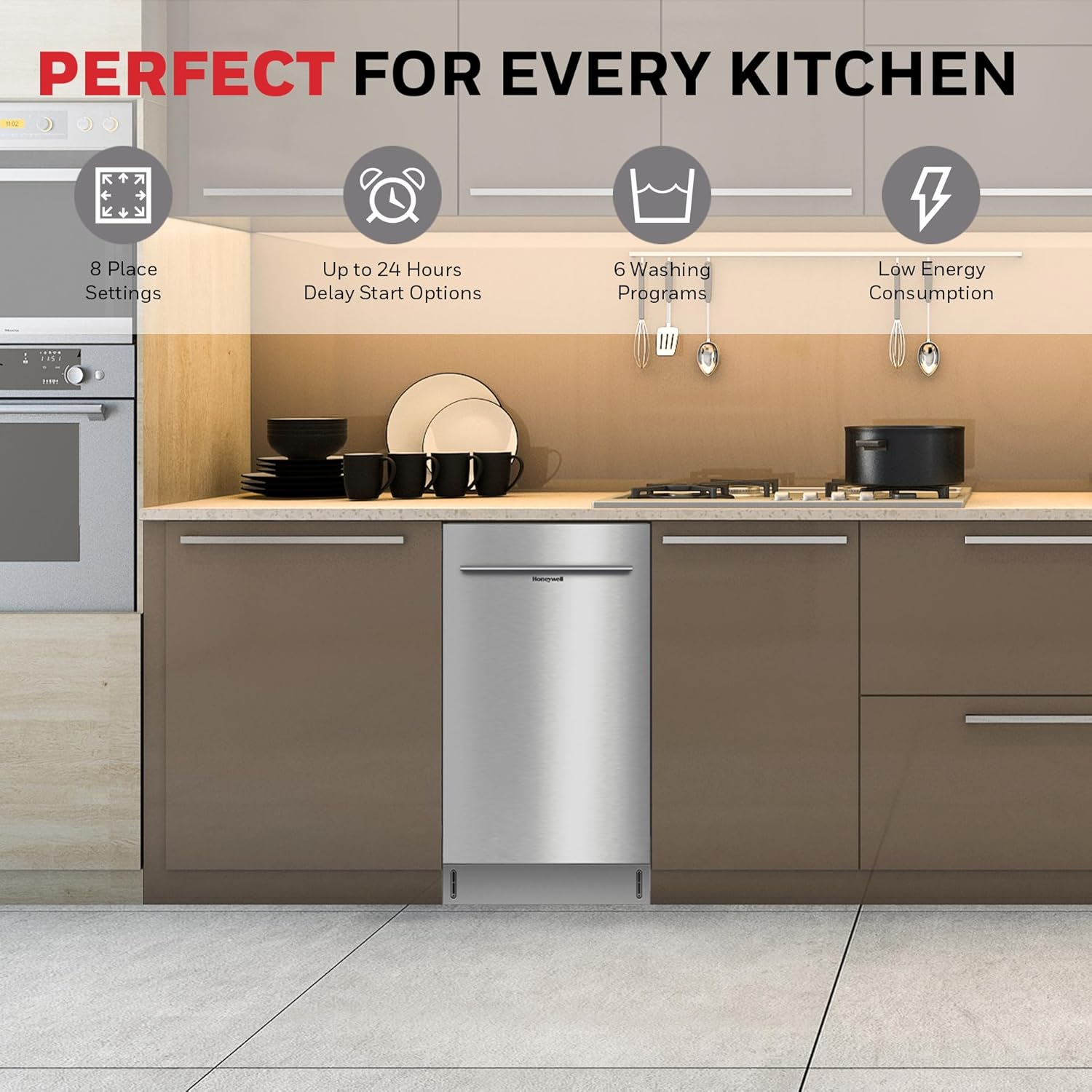 Honeywell 18" Dishwasher, 8 Place Settings, 6 Wash Programs, Stainless Steel Tub, Energy Star Certified