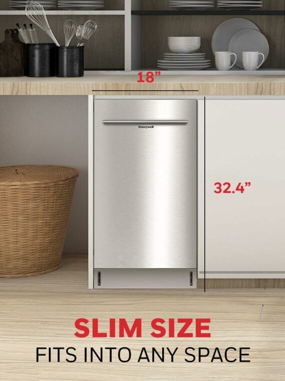 Honeywell 18" Dishwasher, 8 Place Settings, 6 Wash Programs, Stainless Steel Tub, Energy Star Certified