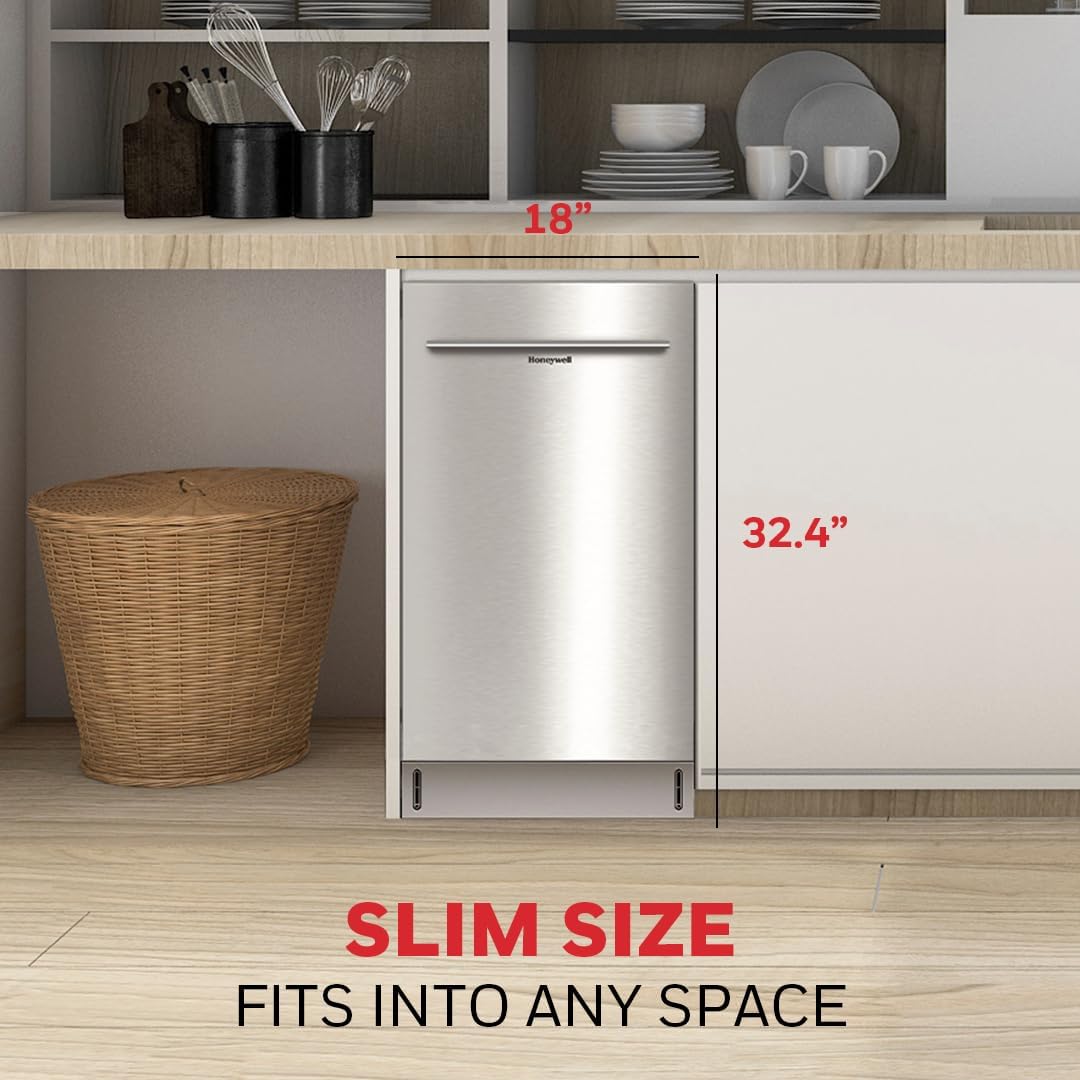 Honeywell 18" Dishwasher, 8 Place Settings, 6 Wash Programs, Stainless Steel Tub, Energy Star Certified