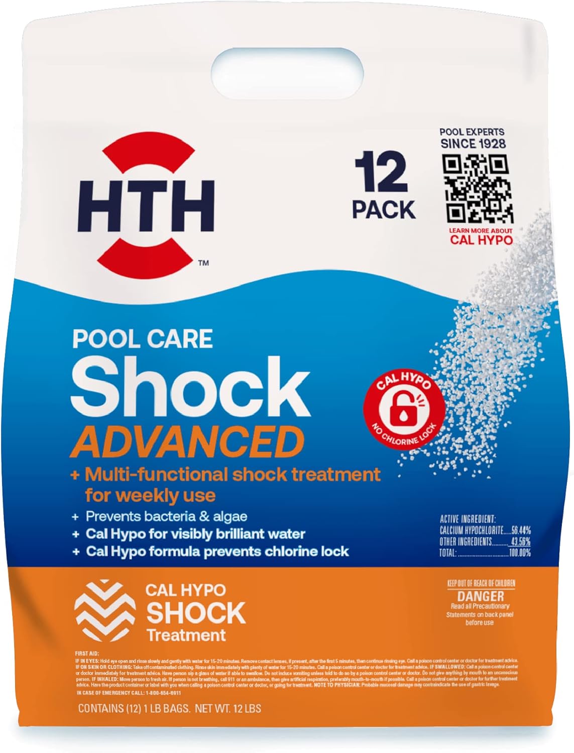 HTH 52037 Pool Shock Treatment, 4-in-1 Fast-Dissolving Cal Hypo Formula, 12 Pack