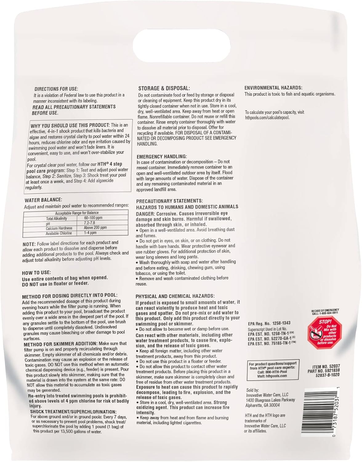 HTH 52037 Pool Shock Treatment, 4-in-1 Fast-Dissolving Cal Hypo Formula, 12 Pack