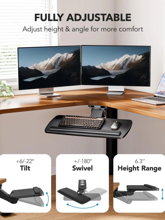 HUANUO Adjustable 360° Keyboard Tray with Full Motion & Height Adjustment - Under Desk Ergonomic Space Saver