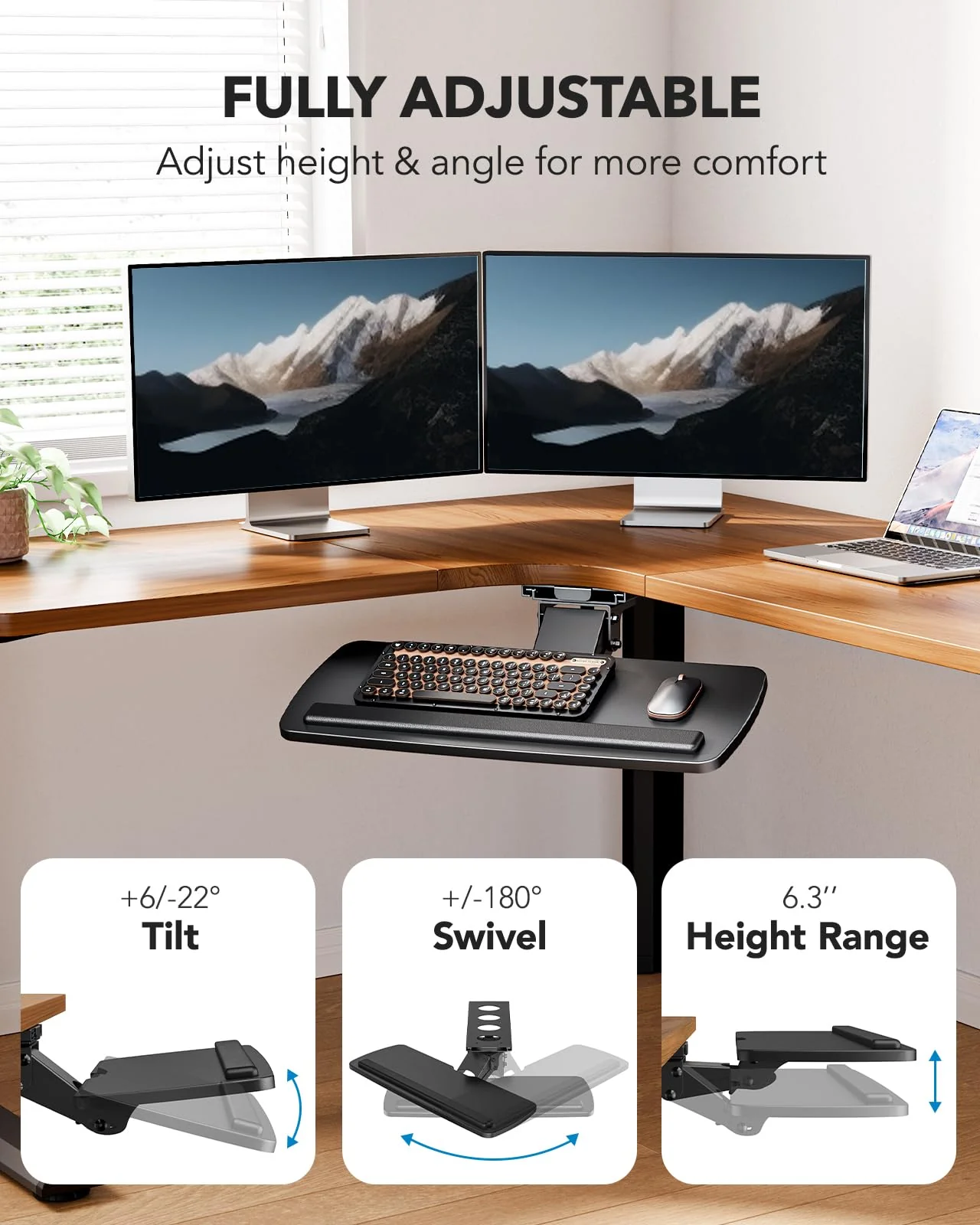 HUANUO Adjustable 360° Keyboard Tray with Full Motion & Height Adjustment - Under Desk Ergonomic Space Saver