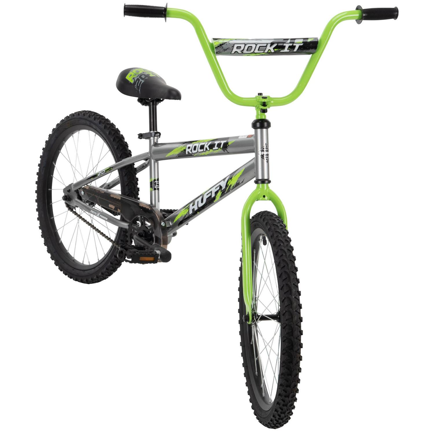 Huffy Rock It 20" Boys Bike, Silver/Green, Steel Frame, Coaster Brake, Training Wheels