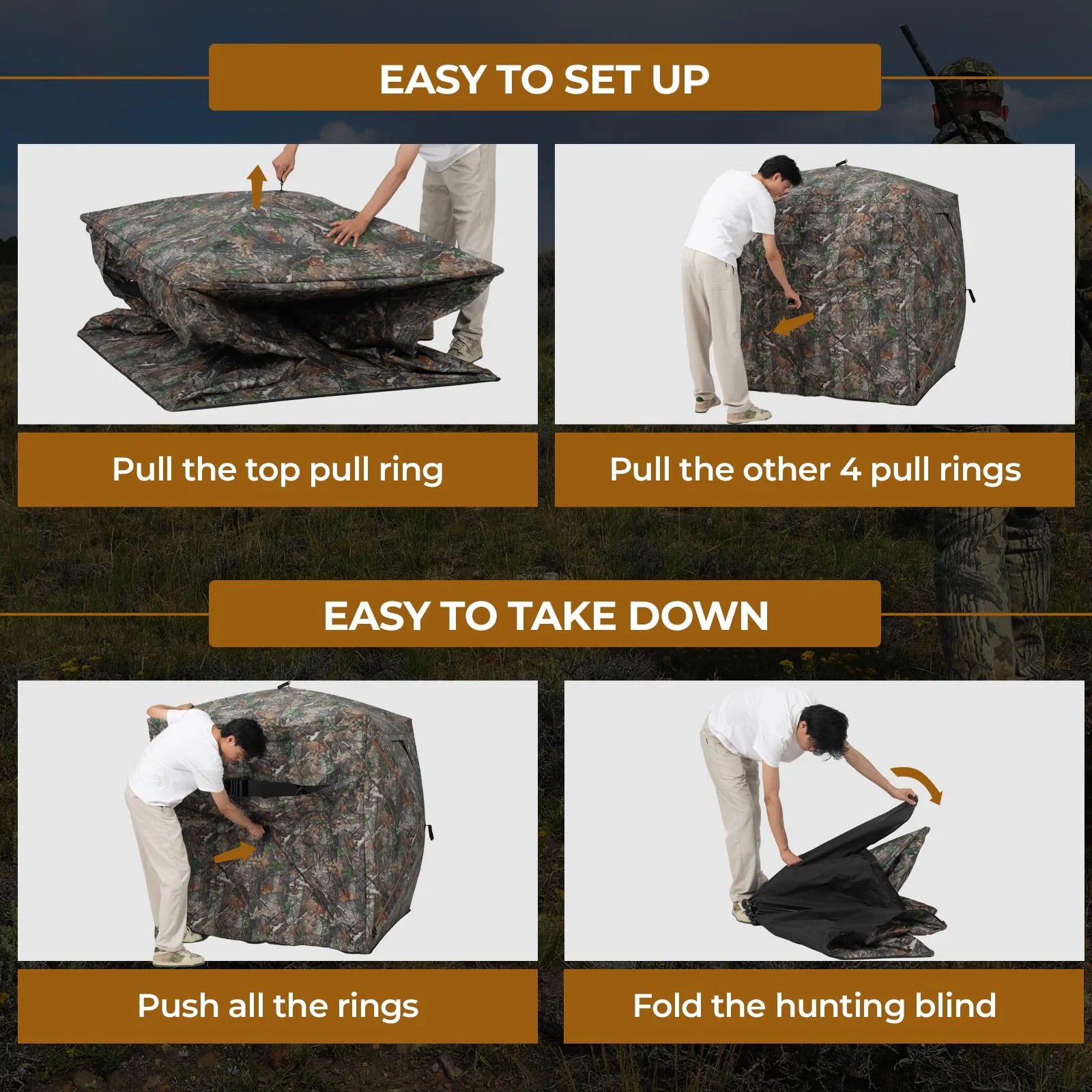 HUNTSEN 270° See-Through Hunting Blind for 2-3 People - Silent, Camo, Lightweight & Durable