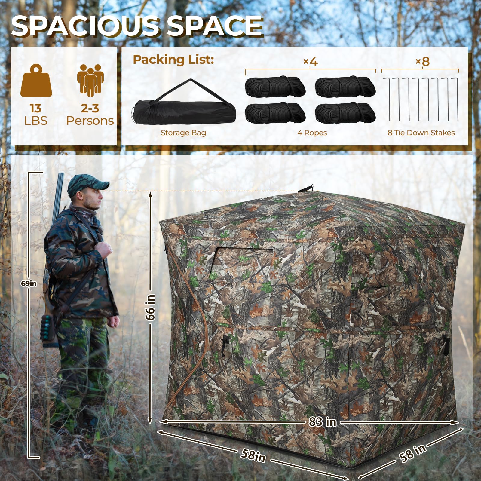 HUNTSEN 270° See-Through Hunting Blind for 2-3 People - Silent, Camo, Lightweight & Durable