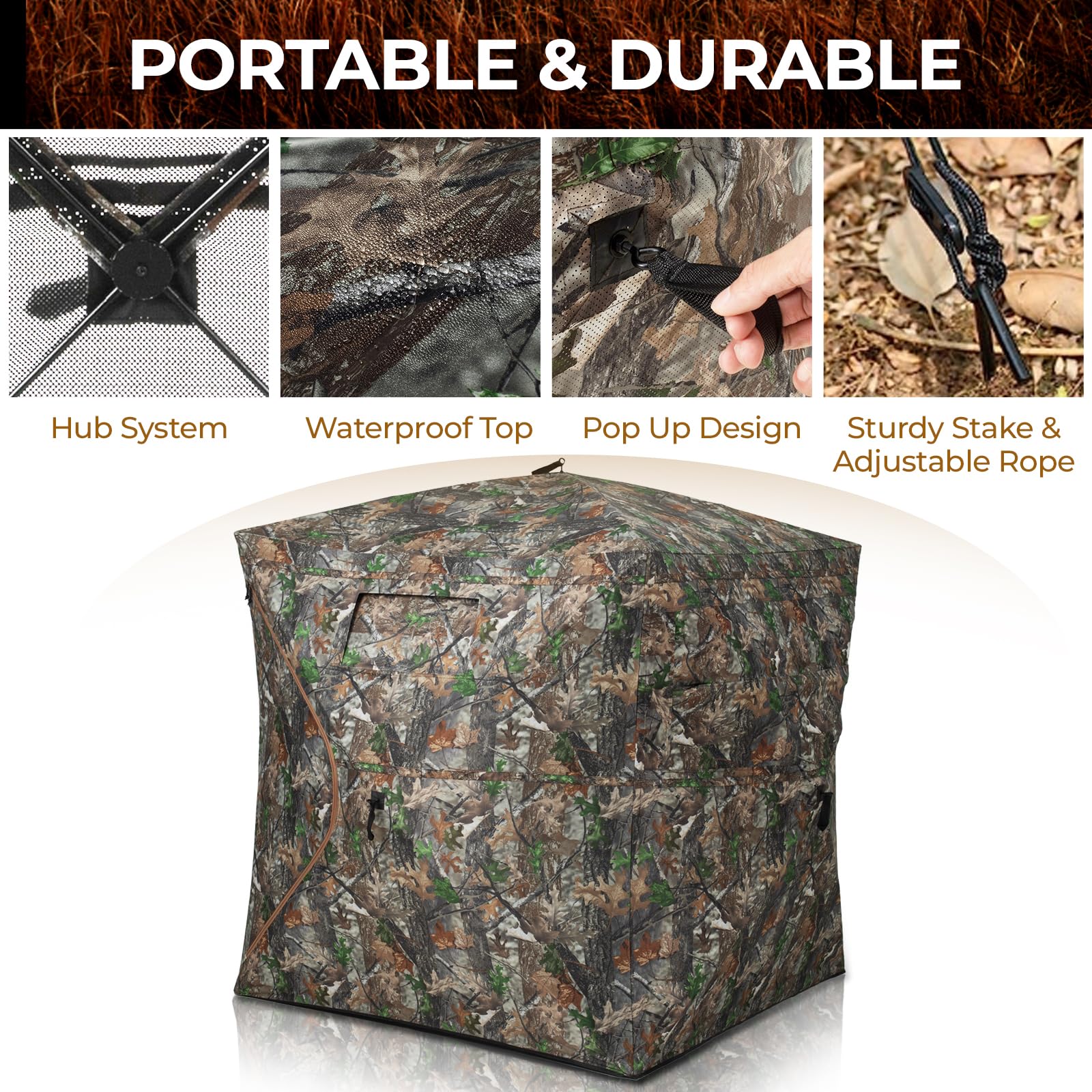 HUNTSEN 270° See-Through Hunting Blind for 2-3 People - Silent, Camo, Lightweight & Durable