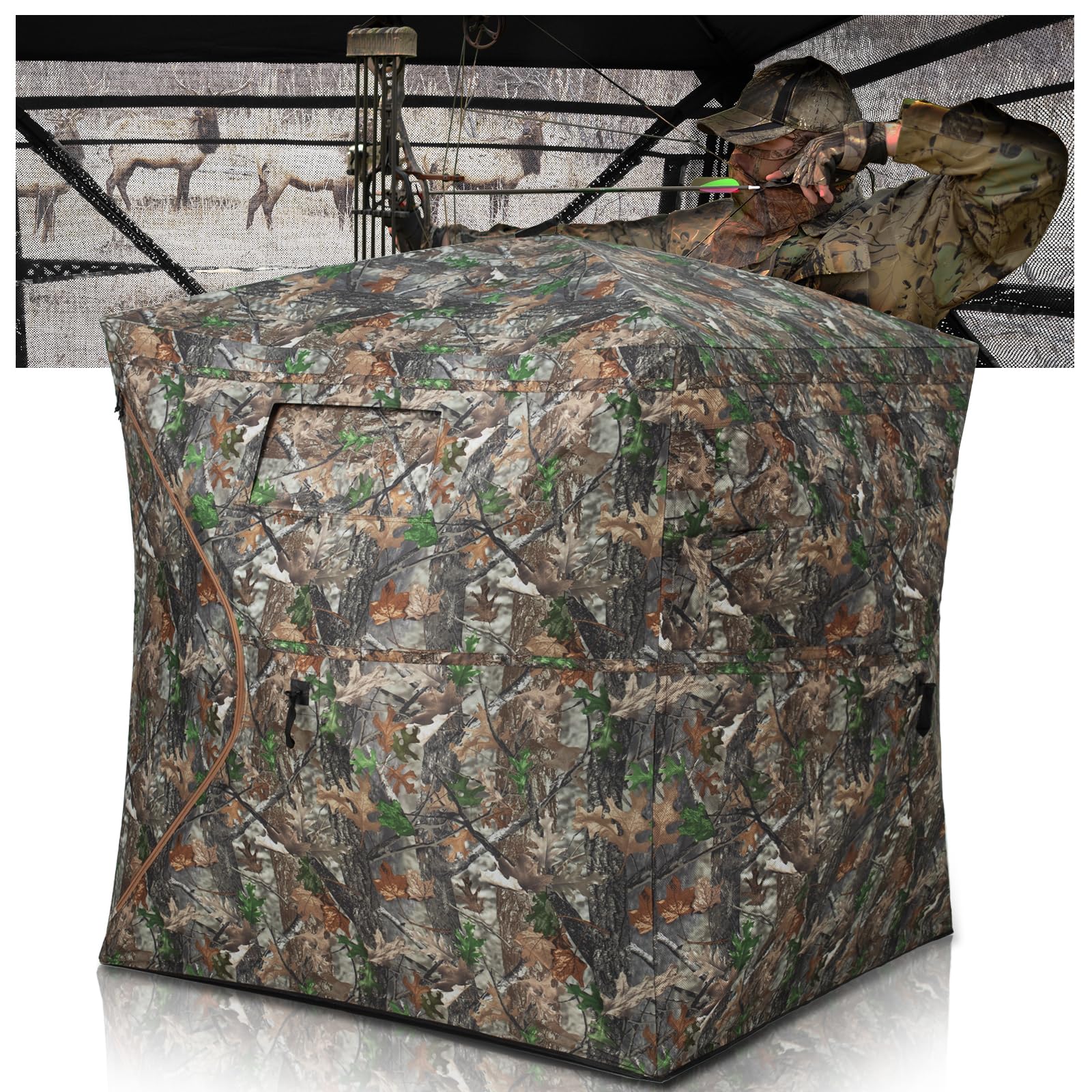 HUNTSEN 270° See-Through Hunting Blind for 2-3 People - Silent, Camo, Lightweight & Durable