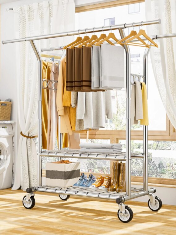 HYSEYY Heavy Duty Rolling Clothing Rack with Shelves, 620 LBS Capacity, Adjustable Metal Wardrobe with Locking Wheels