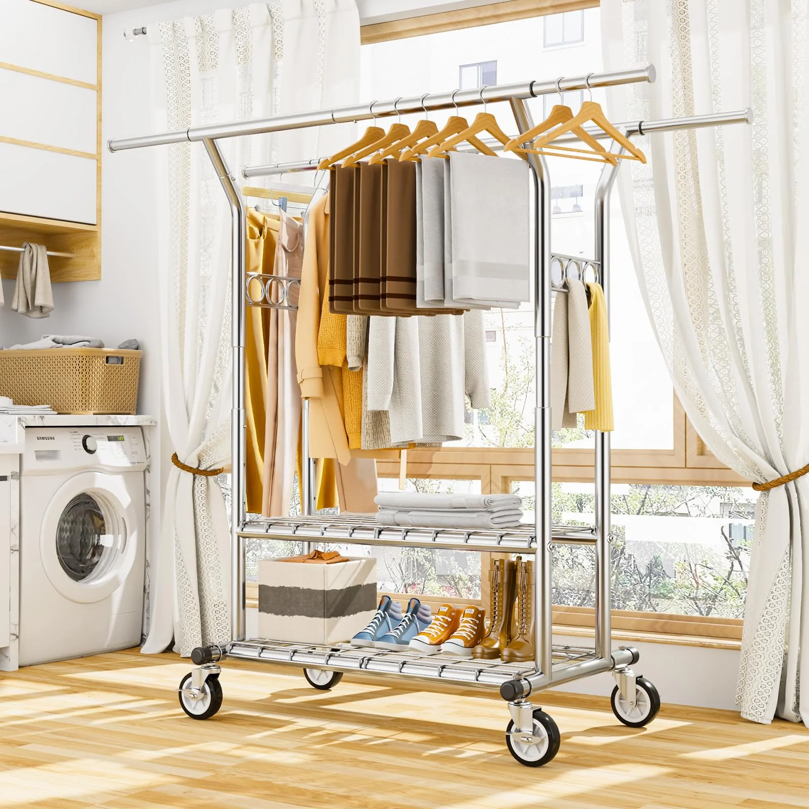 HYSEYY Heavy Duty Rolling Clothing Rack with Shelves, 620 LBS Capacity, Adjustable Metal Wardrobe with Locking Wheels