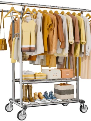HYSEYY Heavy Duty Rolling Clothing Rack with Shelves, 620 LBS Capacity, Adjustable Metal Wardrobe with Locking Wheels