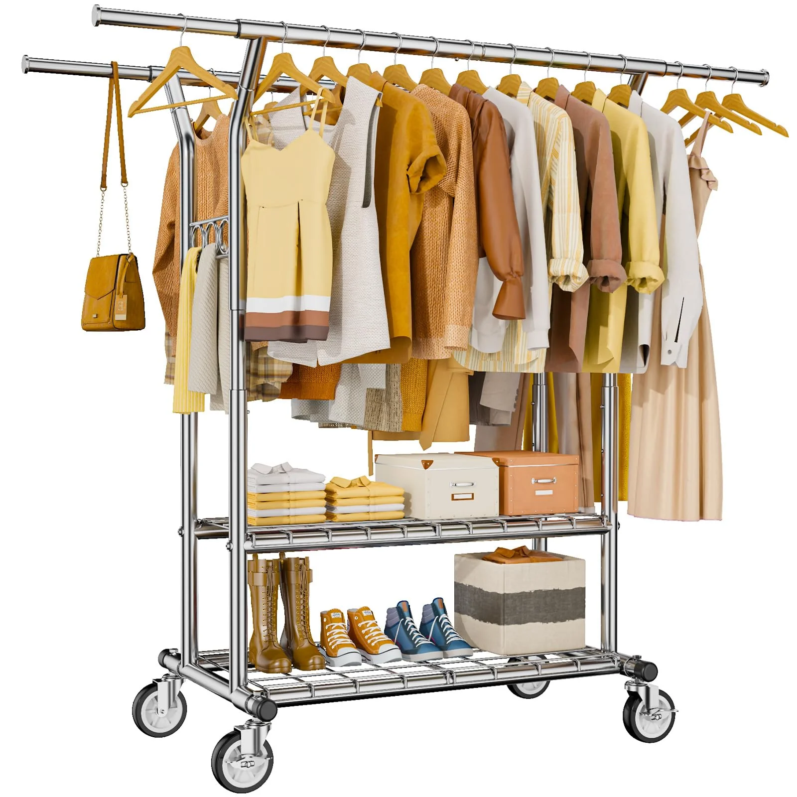 HYSEYY Heavy Duty Rolling Clothing Rack with Shelves, 620 LBS Capacity, Adjustable Metal Wardrobe with Locking Wheels