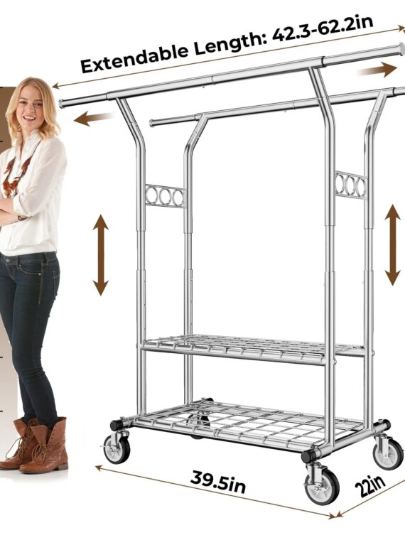 HYSEYY Heavy Duty Rolling Clothing Rack with Shelves, 620 LBS Capacity, Adjustable Metal Wardrobe with Locking Wheels