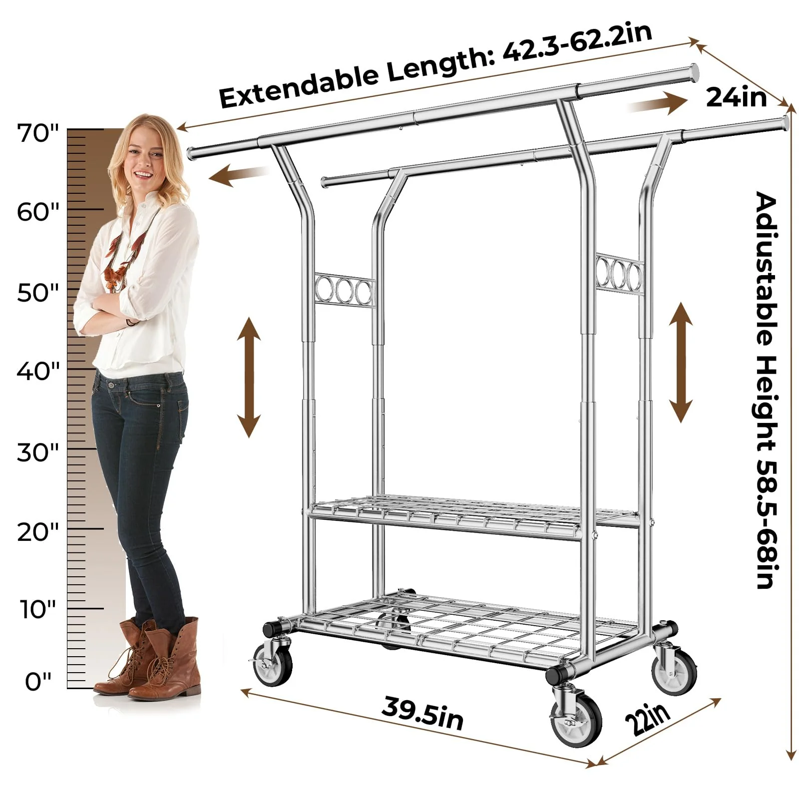 HYSEYY Heavy Duty Rolling Clothing Rack with Shelves, 620 LBS Capacity, Adjustable Metal Wardrobe with Locking Wheels