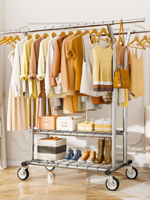 HYSEYY Heavy Duty Rolling Clothing Rack with Shelves, 620 LBS Capacity, Adjustable Metal Wardrobe with Locking Wheels