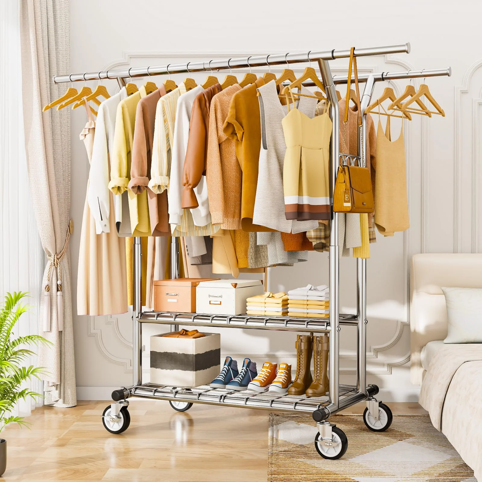 HYSEYY Heavy Duty Rolling Clothing Rack with Shelves, 620 LBS Capacity, Adjustable Metal Wardrobe with Locking Wheels