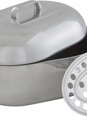 IMUSA USA 18″ Heavy-Duty Oval Cast Aluminum Roaster with Steamer Inserts, Silver