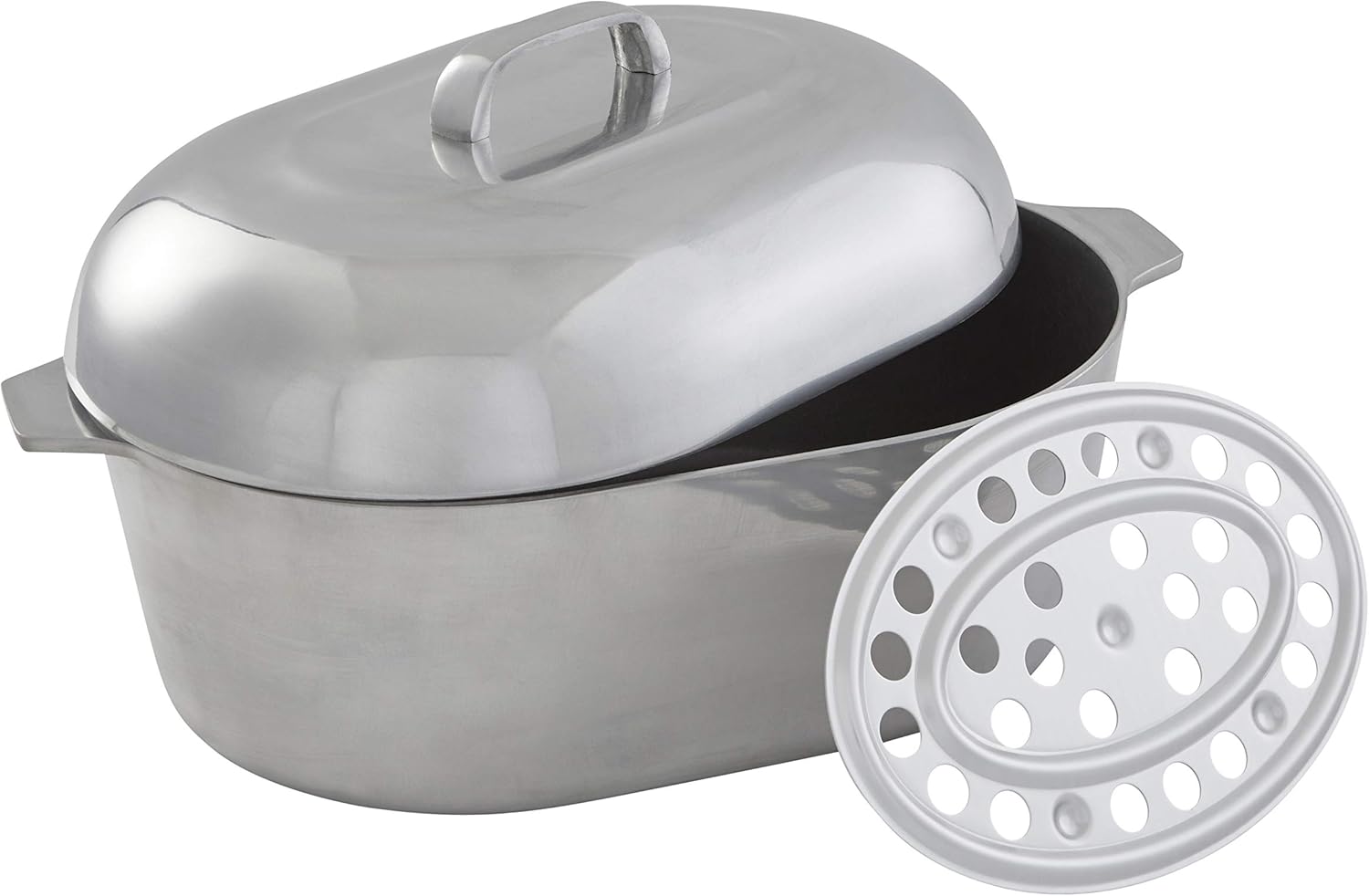 IMUSA USA 18" Heavy-Duty Oval Cast Aluminum Roaster with Steamer Inserts, Silver