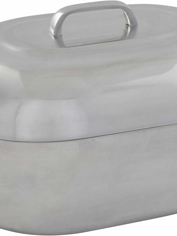 IMUSA USA 18" Heavy-Duty Oval Cast Aluminum Roaster with Steamer Inserts, Silver