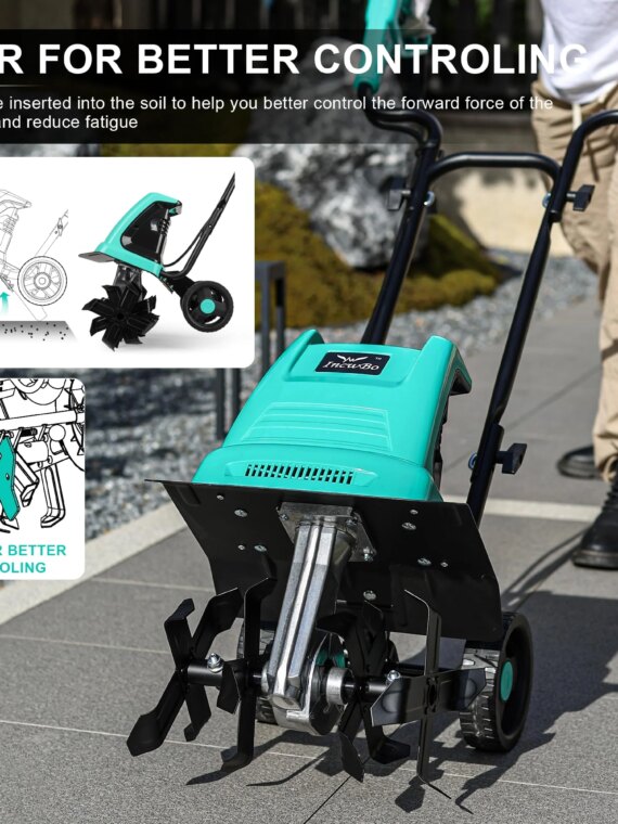 Incwbo 10.5-Amp Electric Garden Tiller, 12-Inch Width, 8-Inch Depth, with Overload Protection