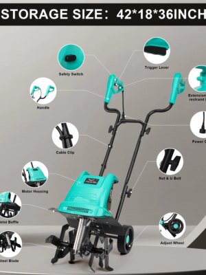 Incwbo 10.5-Amp Electric Garden Tiller, 12-Inch Width, 8-Inch Depth, with Overload Protection