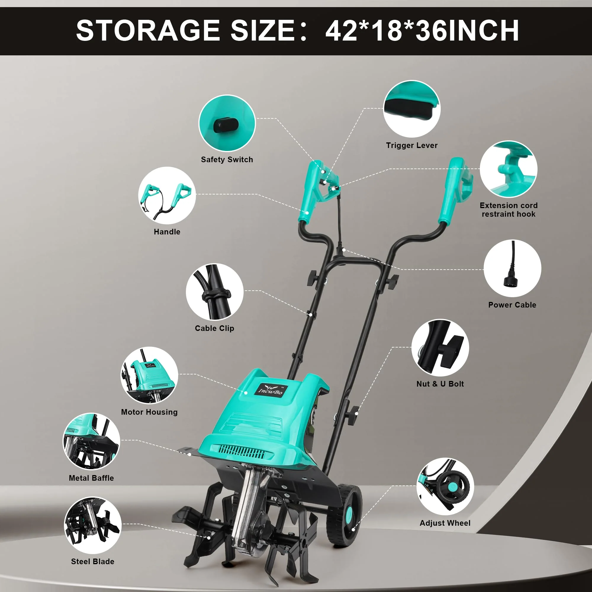 Incwbo 10.5-Amp Electric Garden Tiller, 12-Inch Width, 8-Inch Depth, with Overload Protection